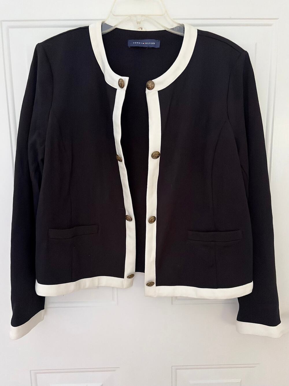 Tommy Hilfiger Black White Contrast Trim Knit Blazer Jacket Gold Crest Size M